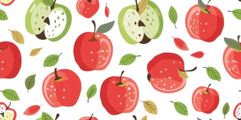 Seamless pattern with red and green apples and leaves