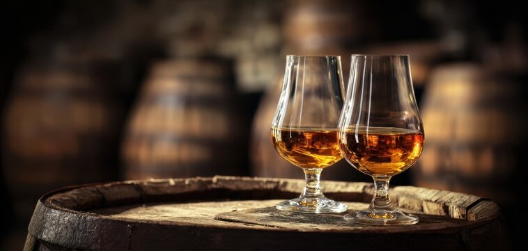 The whiskey glasses on a rustic barrel with blurred barrel room background