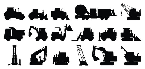 Construction equipment silhouettes vector set with excavator, bulldozer, dump truck, crane, loader, concrete mixer and heavy industrial machinery icons collection © Nur