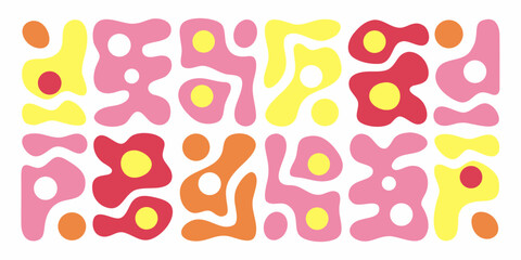 Abstract arrangement of colorful blob like shapes in a grid pattern