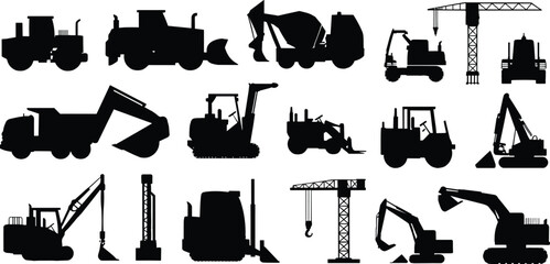 Construction heavy equipment silhouettes vector collection featuring excavator, bulldozer, dump truck, crane, loader, concrete mixer and industrial machinery icon set © Nur