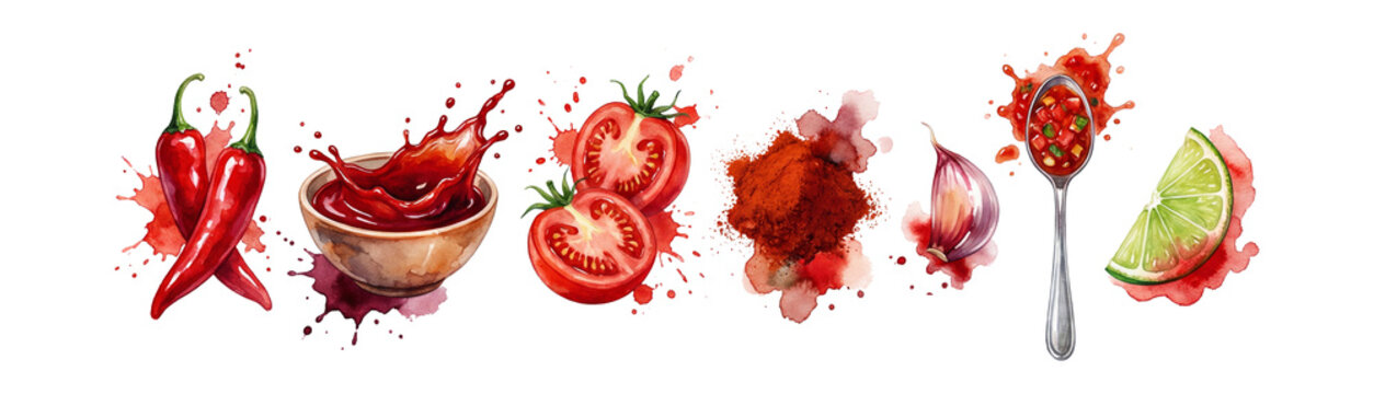 Photoreal watercolor splash spicy sauces illustrations set.