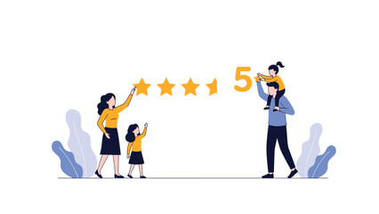 Fototapeta premium Happy family with parents and children adding a final golden star to reach a perfect five star rating review.