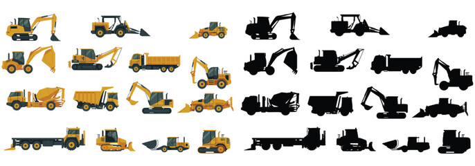 Construction machinery vector and silhouette collection including excavator, loader, bulldozer, dump truck, concrete mixer and crane equipment for building industry design © Nur