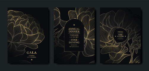 Fototapeta premium Luxury dark background, elegant gold floral line pattern, leaves, flowers. Vector design wedding invitations, gala dinners, wine labels, birthday cards, tropical event flyers