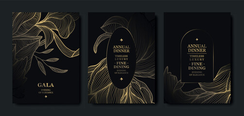 Naklejka na ściany i meble Luxury dark background, elegant gold floral line pattern, leaves, flowers. Vector design wedding invitations, gala dinners, wine labels, birthday cards, tropical event flyers