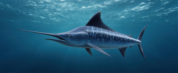 Obraz premium swordfish gliding smoothly through crystal-clear blue sea waters close to the surface