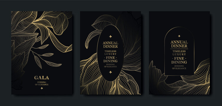 Luxury dark background, elegant gold floral line pattern, leaves, flowers. Vector design wedding invitations, gala dinners, wine labels, birthday cards, tropical event flyers