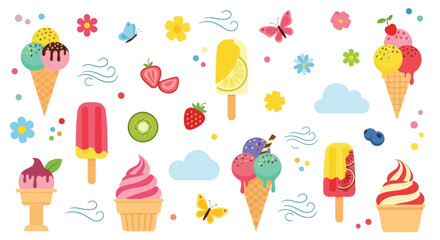 A vibrant collection of colorful ice cream cones, popsicles, and frozen treats, adorned with strawberries, blueberries, butterflies, and flowers, evoking a sense of summer fun and sweetness. © tr