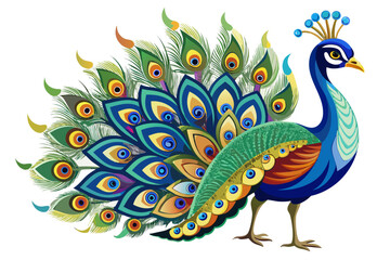 Fototapeta premium Vibrant peacock bird with fanned tail feathers on white background animal wildlife