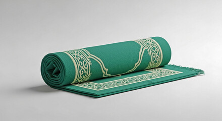 Green prayer mat with cream rolled up on gray background