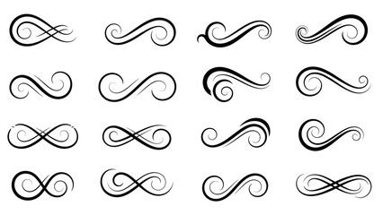 Collection of Elegant Black Swirling Decorative Flourishes and Ornaments on White Background