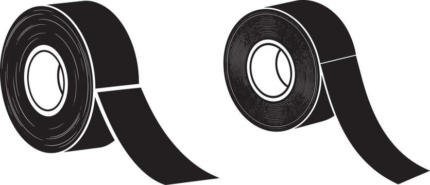 Black gaffer tape rolls with detached ends, isolated on white background, top view vector illustration