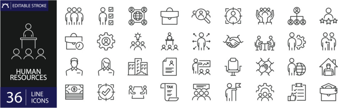 Set of outline icons related to HR, Human Resources, Recruitment, Employment, business, office, company, and management. Editable stroke. Vector illustration.