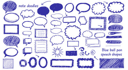 Fototapeta premium Hand drawn blue speech bubbles and note doodles on grid paper