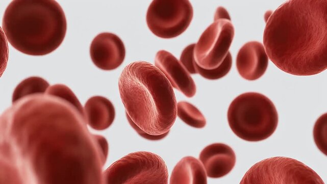 Close-up rendering of microscopic red blood cells floating in fluid.