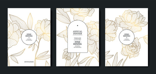Luxury white background, elegant gold floral line pattern, leaves, flowers. Vector design wedding invitations, gala dinners, wine labels, birthday cards, tropical event flyers © marylia17