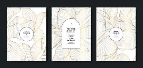 Luxury white background, elegant gold floral line pattern, leaves, flowers. Vector design wedding invitations, gala dinners, wine labels, birthday cards, tropical event flyers © marylia17