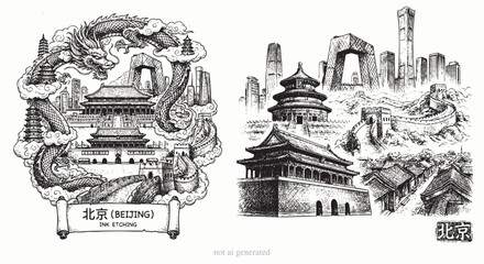 Obraz premium Intricate Beijing China Ink Etching Set: Mythical Chinese Dragon with Forbidden City, Great Wall, Temple of Heaven, and Modern Skyscrapers - Traditional Line Art Vector