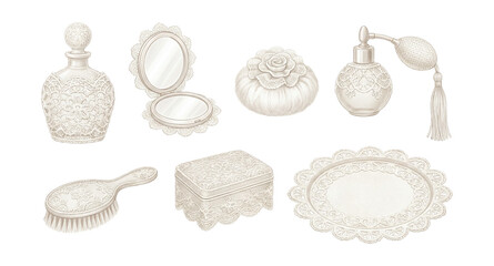 Delicate lace perfume vanity illustrations set.