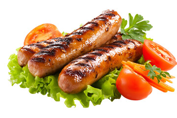 Grilled Sausages with Vegetables on White Plate &ndash; Delicious Meat Dinner Meal