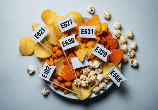 Assorted chips and popcorn on plate with food additive labels. Unhealthy processed snacks concept, artificial additives, flavor enhancers, preservatives, junk food and nutrition risk