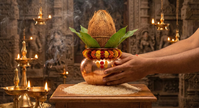 Hands Holding Kalash Coconut and Mango Leaves for Hindu Puja Rit