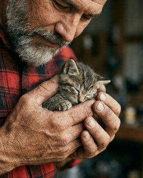 Senior Man Holding Adorable Tabby Kitten with Gentle Care