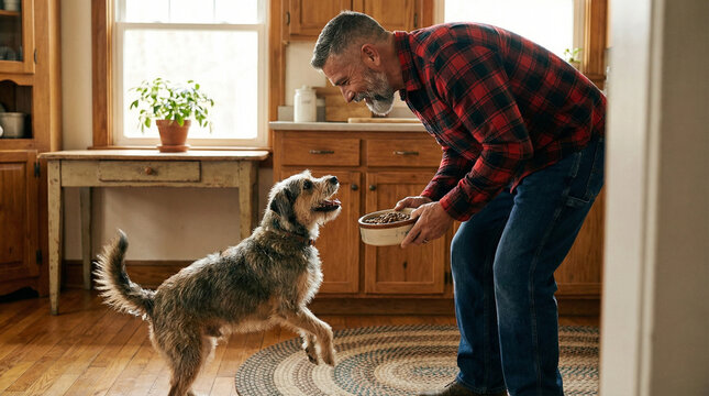 Mature Man Feeding Dog in Rustic Kitchen