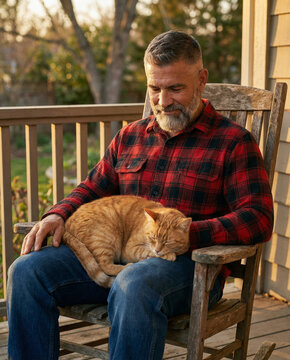 Mature Man with Orange Cat on Porch