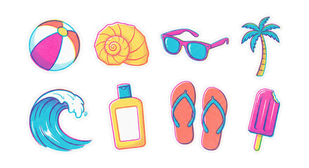 Neon risograph summer beach icons .