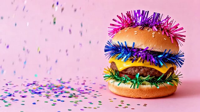 Colorful tinsel burger on pink background