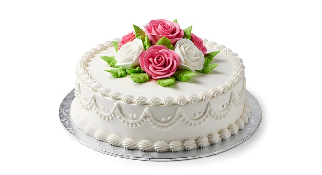 Round white cake with pink and white buttercream roses on