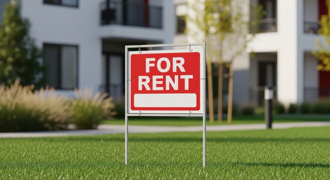 Modern apartment building with "For Rent" sign on green lawn. Residential property leasing concept. Real estate market, housing search, rental home advertisement for business use
