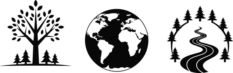 Nature and environment icons set with tree earth globe and forest road symbols black white flat vector illustration