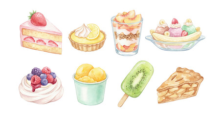 Watercolor pastel fruit desserts elements set.