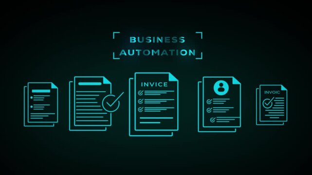 Digital transformation concept showing a workflow of documents with checkmarks and text for business automation on a dark background with glowing blue lines and futuristic brackets. Keywords