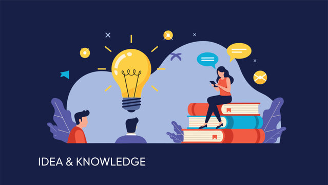 People collaborating around a giant glowing lightbulb and stacks of books representing creative ideas and knowledge sharing.
