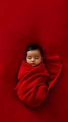 Newborn Baby Wrapped Sleeping on Red
