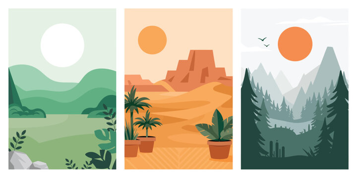 Abstract nature poster collection, flat design geometric mountain desert and misty forest art set