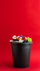 Filled to capacity household kitchen bin - need for waste reduction and better domestic waste management vertical - red background