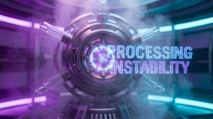 Obraz premium A futuristic machine with a glowing purple and blue core displays 'PROCESSING INSTABILITY' in a neon-lit room with a sense of high-tech malfunction.