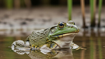 Obraz premium Green frog sitting calmly in serene pond water