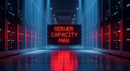A dimly lit server room with rows of computer servers and a central screen displaying 'SERVER CAPACITY MAX' in red, indicating data overload and potential system failure.