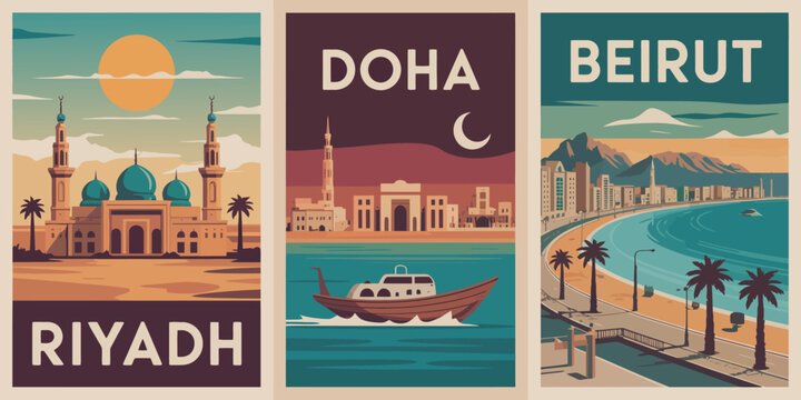Middle East travel poster set, retro Riyadh Doha Beirut triptych vintage illustration art