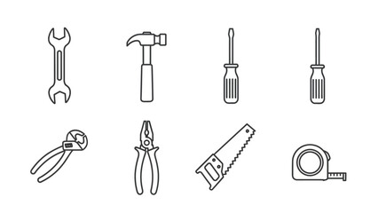 A collection of essential hand tools depicted in clean black and white line art outlines on a
