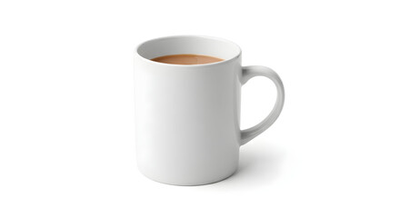 Obraz premium White ceramic mug with light brown liquid on white background