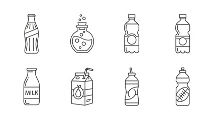 A collection of line art icons representing various drink containers and beverage packaging types