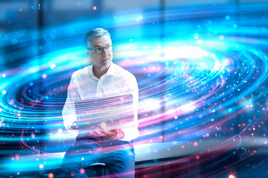 Business professional with digital data swirl in modern office