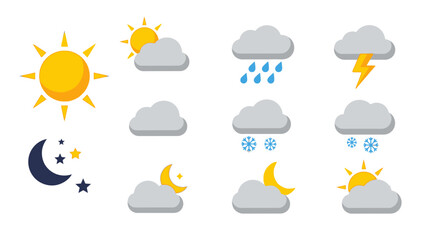 A collection of simple and colorful weather forecast icons including sun moon rain snow and
